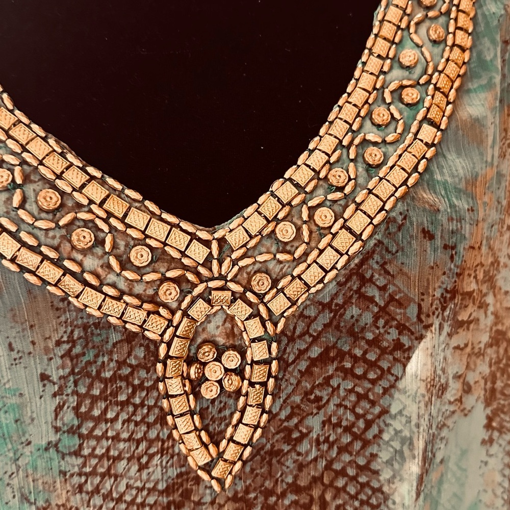Aqua Blu Teal and Brown embellished neckline Sheer , 1X, bust 23" across NWT - Picture 5 of 9